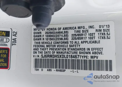 2013 Honda Cr-V Ex z USA, uszkodzony, nr VIN 5J6RM3H5XDL018467